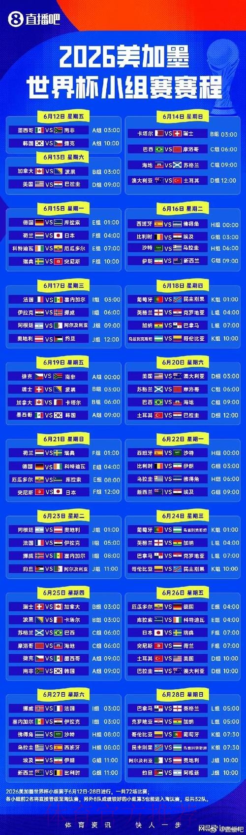 2026世界杯小组赛赛程实时更新赛事详情免费观看